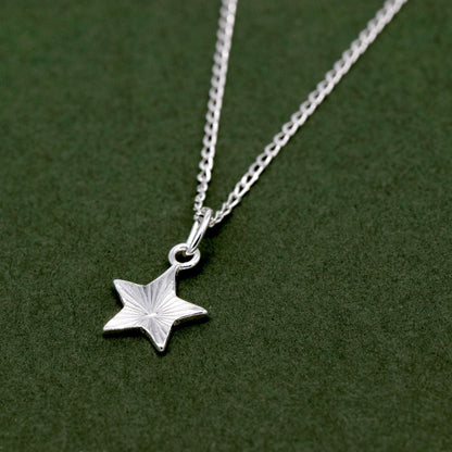 Sterling Silver Diamond Cut Fluted Star Pendant Necklace on Curb Chain