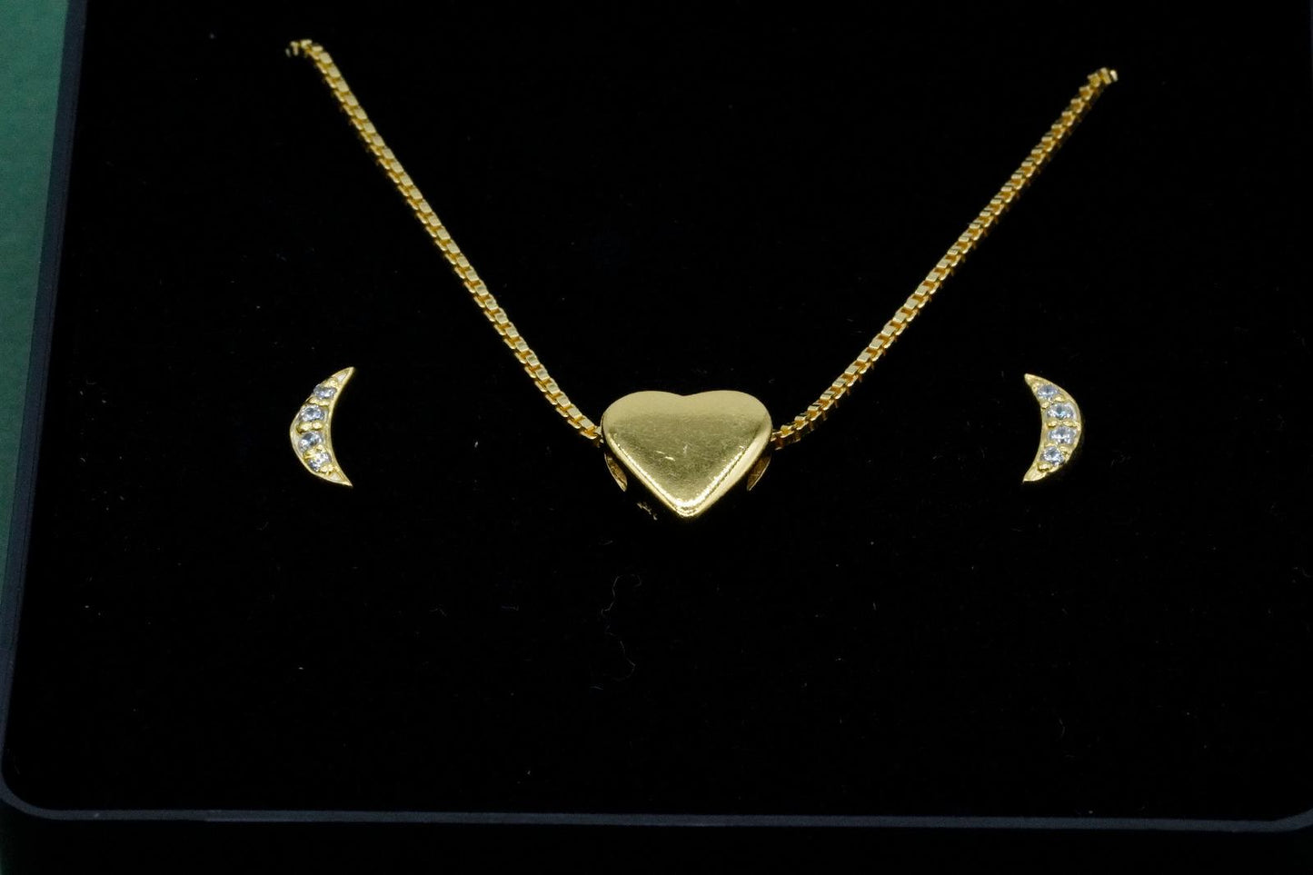 Gold Plated Sterling Silver Heart Charm Necklace, Crescent Moon Studs Gift Set