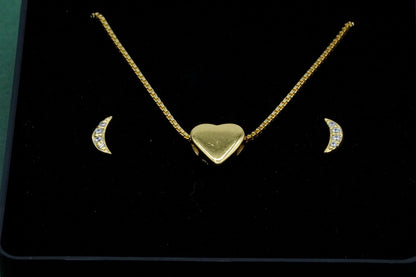 Gold Plated Sterling Silver Heart Charm Necklace, Crescent Moon Studs Gift Set