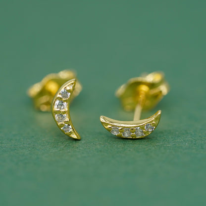 Gold Plated Sterling Silver 7.8mm Cubic Zirconia Crescent Moon Stud Earrings