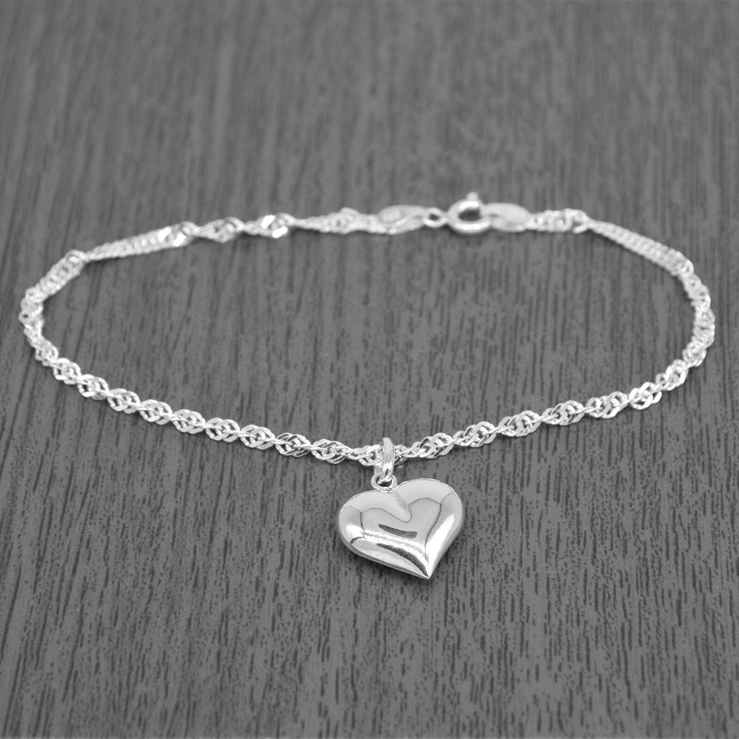 Sterling Silver Singapore Bracelet With Puffed Heart Charm