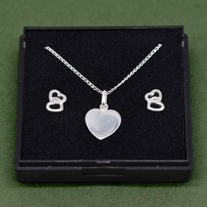 Sterling Silver Heart Necklace & Earrings Gift Set