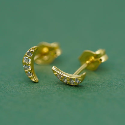 Gold Plated Sterling Silver 7.8mm Cubic Zirconia Crescent Moon Stud Earrings