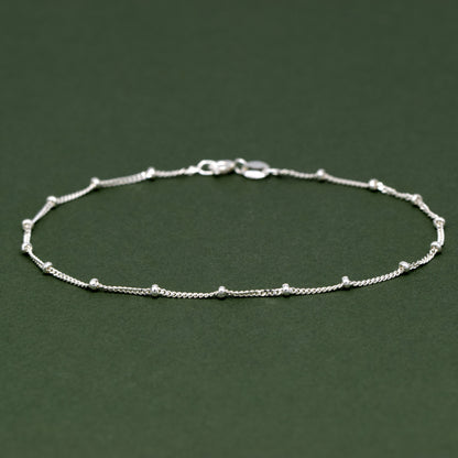 Sterling Silver 1.2mm Satellite Ball Beaded Curb Chain Anklet