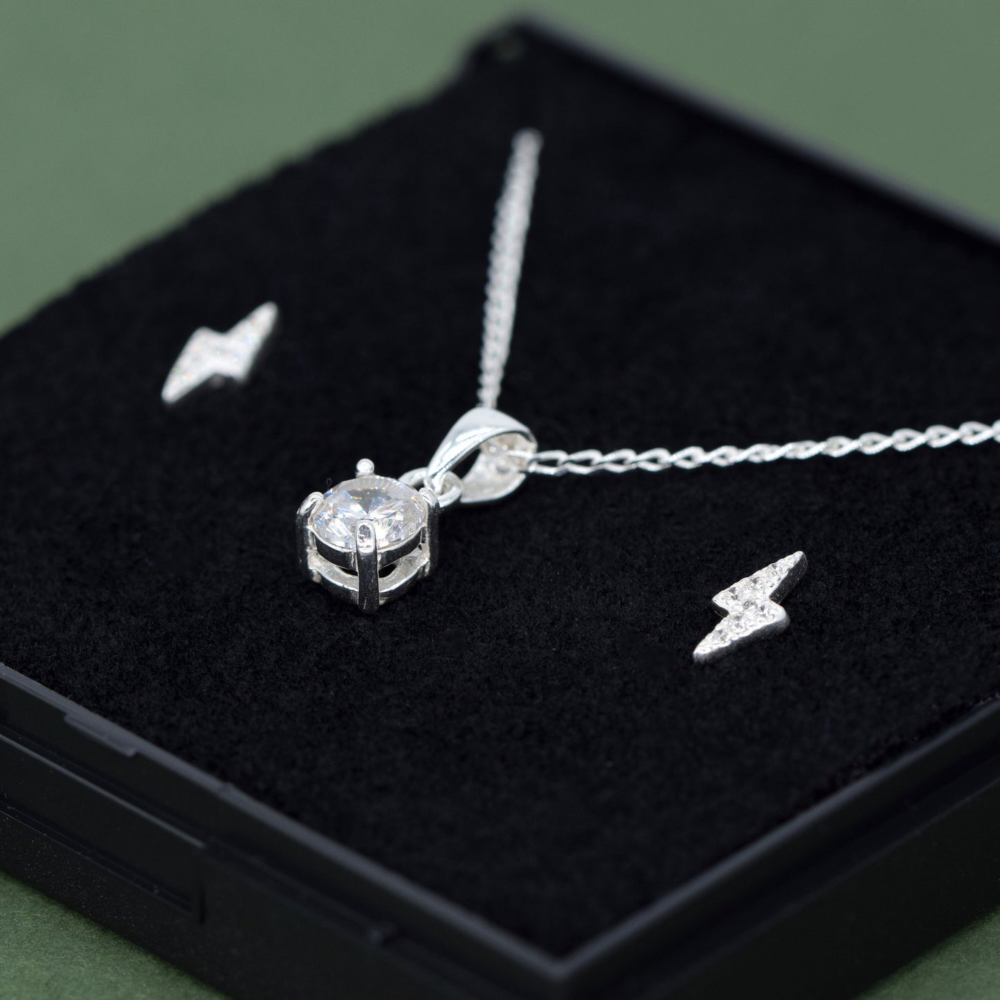 Sterling Silver Cubic Zircona Necklace & Bolt Earrings Gift Set