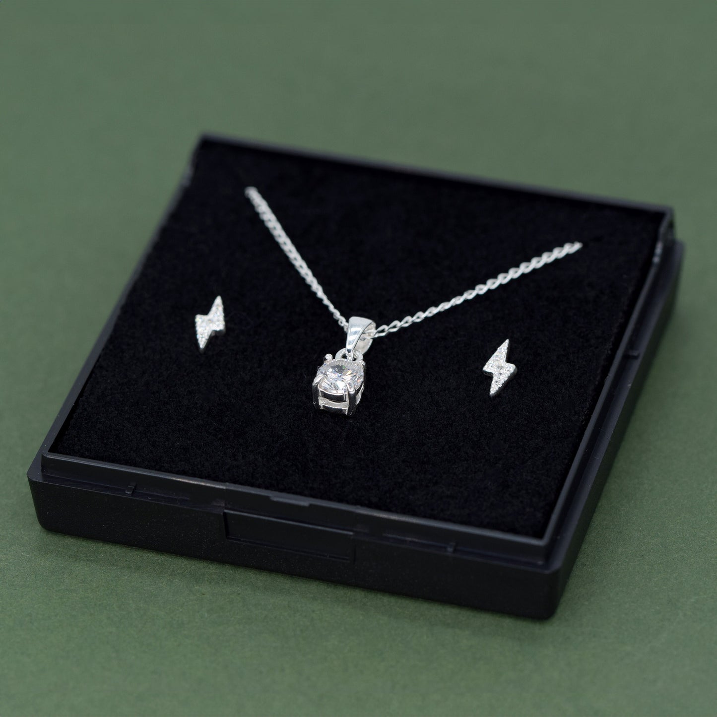 Sterling Silver Cubic Zircona Necklace & Bolt Earrings Gift Set