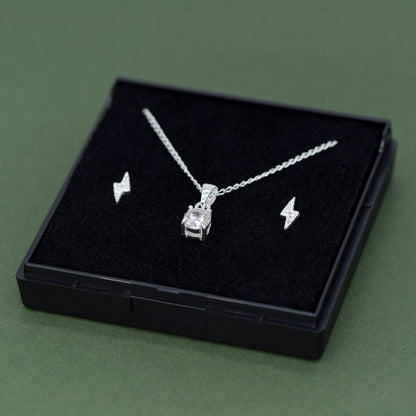 Sterling Silver Cubic Zircona Necklace & Bolt Earrings Gift Set