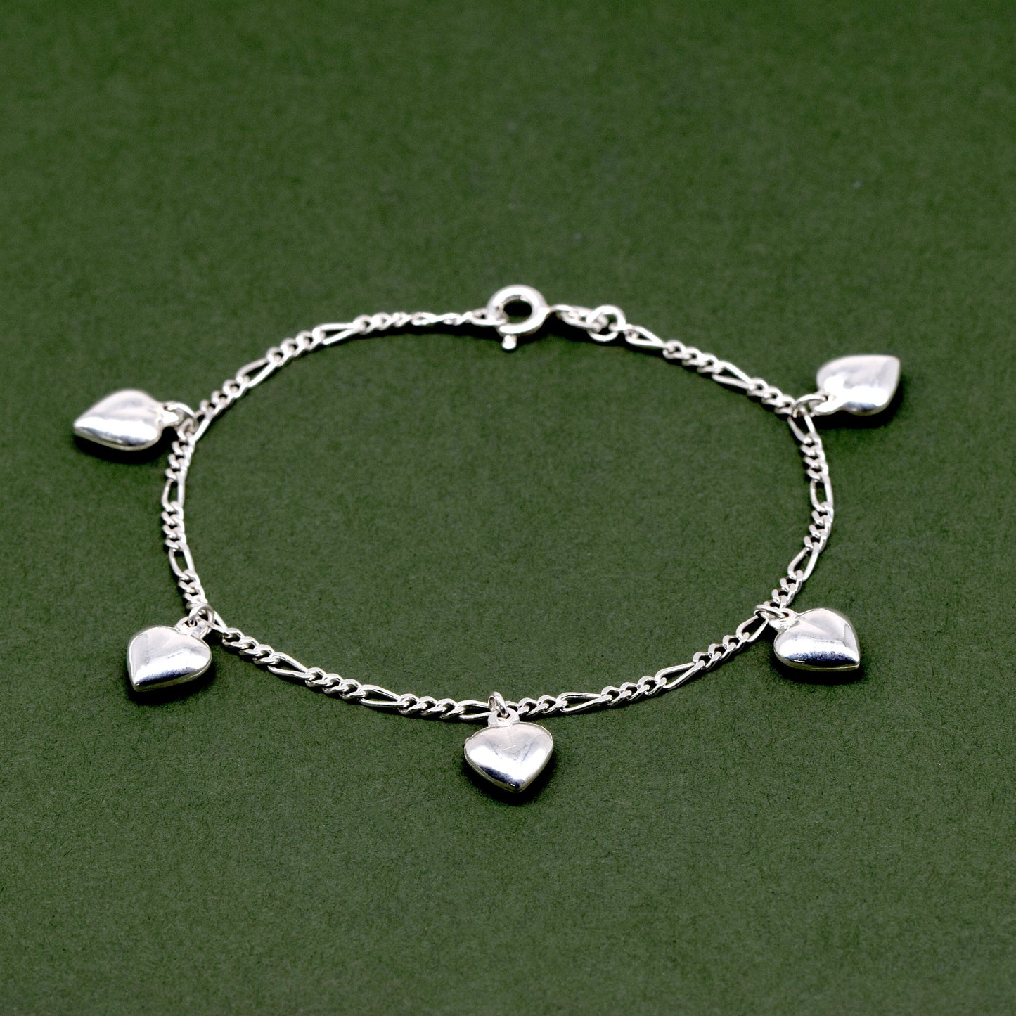 Sterling Silver 5 Puffed Heart Charm on Figaro Chain Bracelet 7.5"