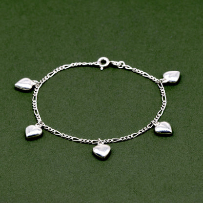 Sterling Silver 5 Puffed Heart Charm on Figaro Chain Bracelet 7.5"