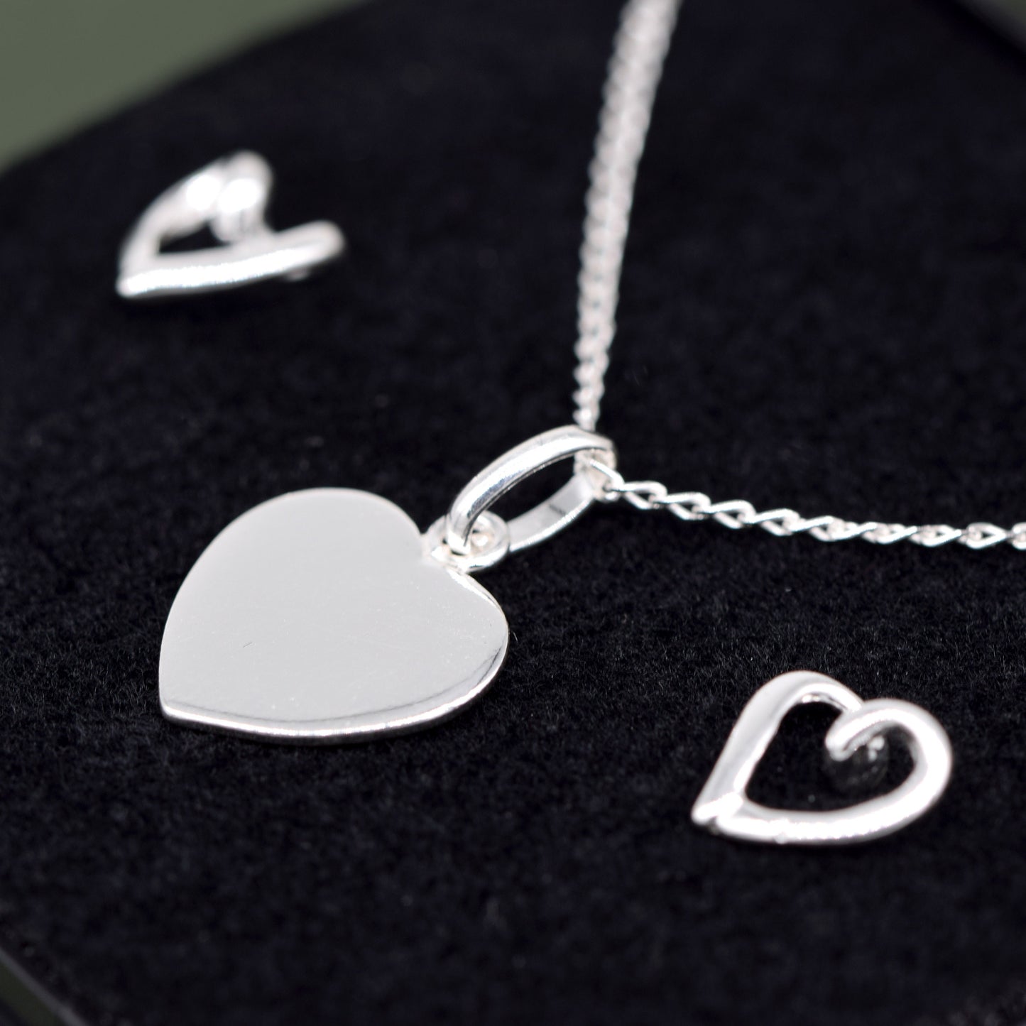 Sterling Silver Flat Heart Necklace & Open Earring Set in Gift Box