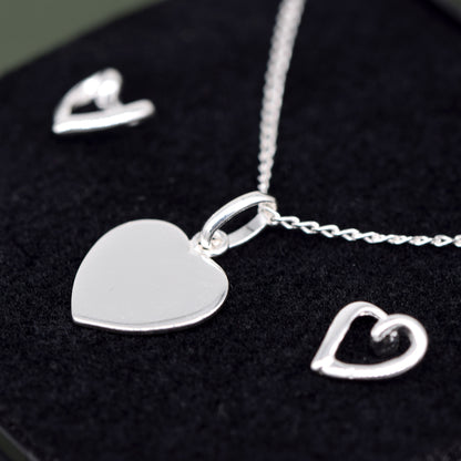 Sterling Silver Flat Heart Necklace & Open Earring Set in Gift Box