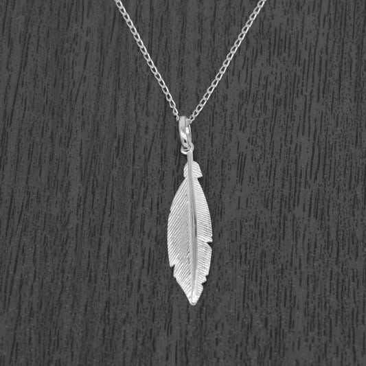 Sterling Silver Feather Pendant Necklace on Curb Chain