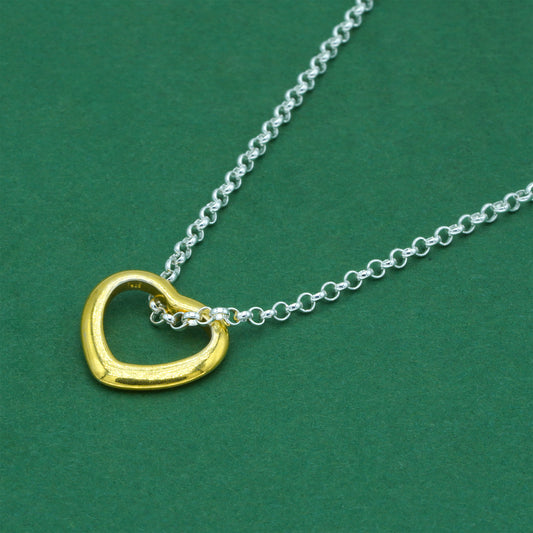 925 Sterling Silver Rolo Chain With 18k Flash Gold Plated Open Heart Pendant Necklace – Valentine’s Day Romantic Gift for Her