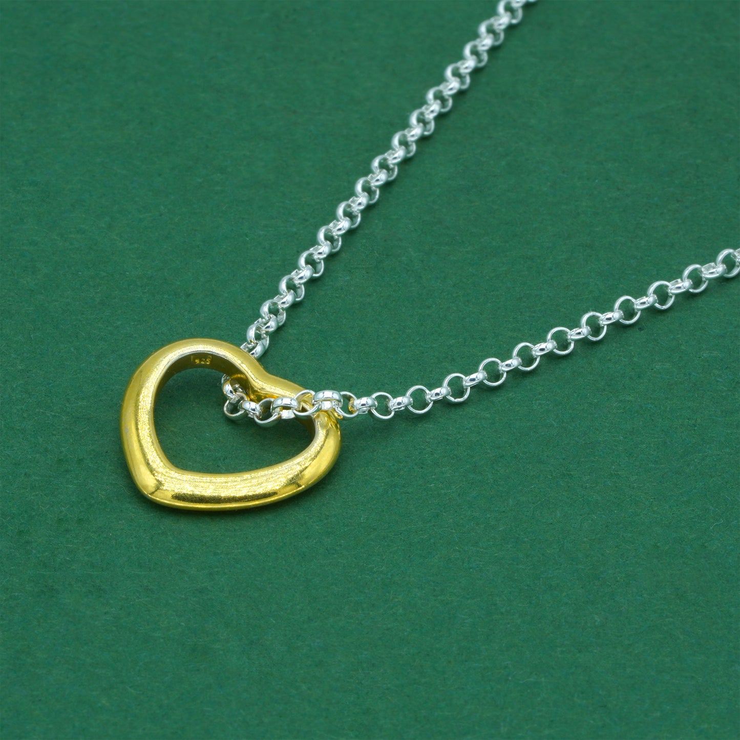 925 Sterling Silver Rolo Chain With 18k Flash Gold Plated Open Heart Pendant Necklace – Valentine’s Day Romantic Gift for Her