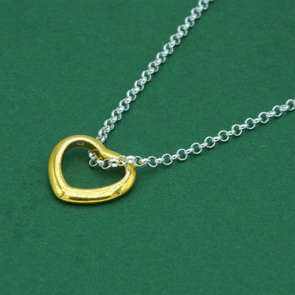 925 Sterling Silver Rolo Chain With 18k Flash Gold Plated Open Heart Pendant Necklace – Valentine’s Day Romantic Gift for Her