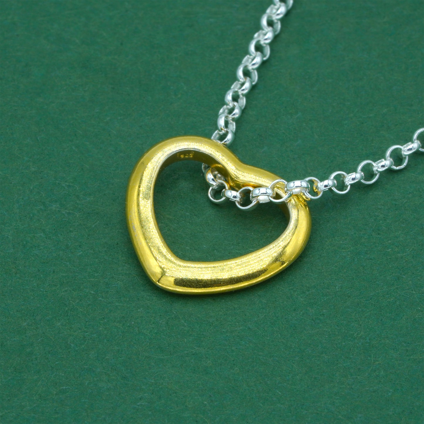 925 Sterling Silver Rolo Chain With 18k Flash Gold Plated Open Heart Pendant Necklace – Valentine’s Day Romantic Gift for Her