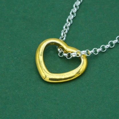 925 Sterling Silver Rolo Chain With 18k Flash Gold Plated Open Heart Pendant Necklace – Valentine’s Day Romantic Gift for Her
