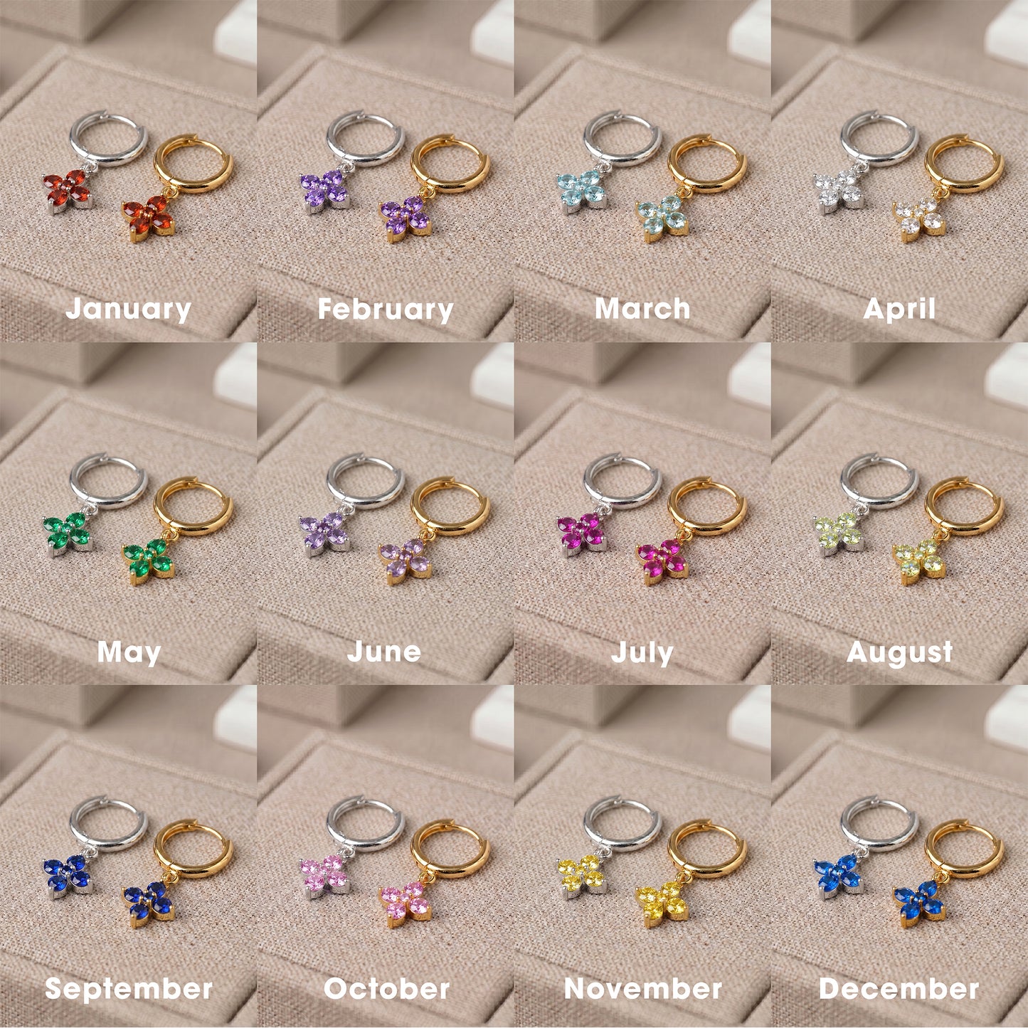 10mm Flower Birthstone Huggie Earrings, Flash Gold/Sterling Silver Finish
