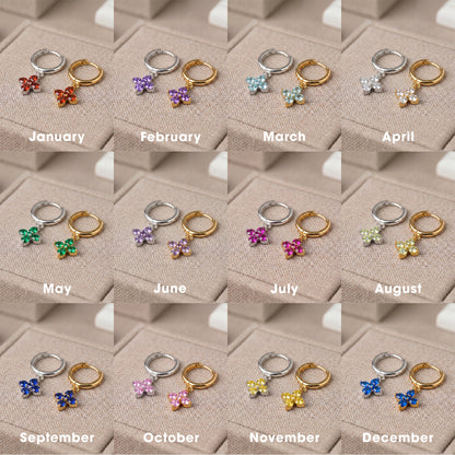 10mm Flower Birthstone Huggie Earrings, Flash Gold/Sterling Silver Finish