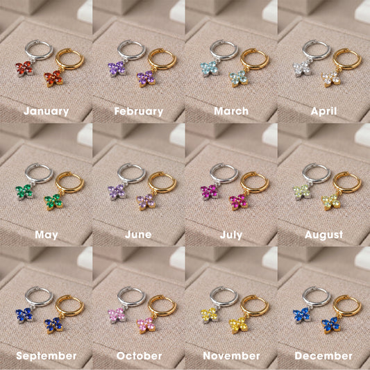 10mm Flower Birthstone Huggie Earrings, Flash Gold/Sterling Silver Finish