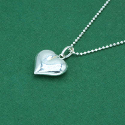 925 Sterling Silver Ball Bead Chain With Puffed Heart Pendant Necklace – Valentine’s Day Romantic Gift for Her, Minimalist Silver Jewelry