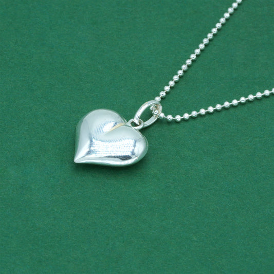 925 Sterling Silver Ball Bead Chain With Puffed Heart Pendant Necklace – Valentine’s Day Romantic Gift for Her, Minimalist Silver Jewelry