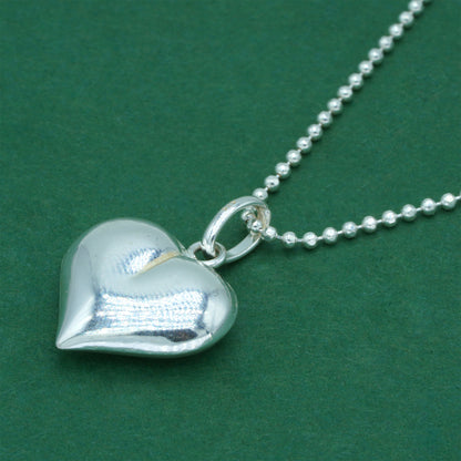 925 Sterling Silver Ball Bead Chain With Puffed Heart Pendant Necklace – Valentine’s Day Romantic Gift for Her, Minimalist Silver Jewelry