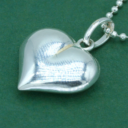 925 Sterling Silver Ball Bead Chain With Puffed Heart Pendant Necklace – Valentine’s Day Romantic Gift for Her, Minimalist Silver Jewelry