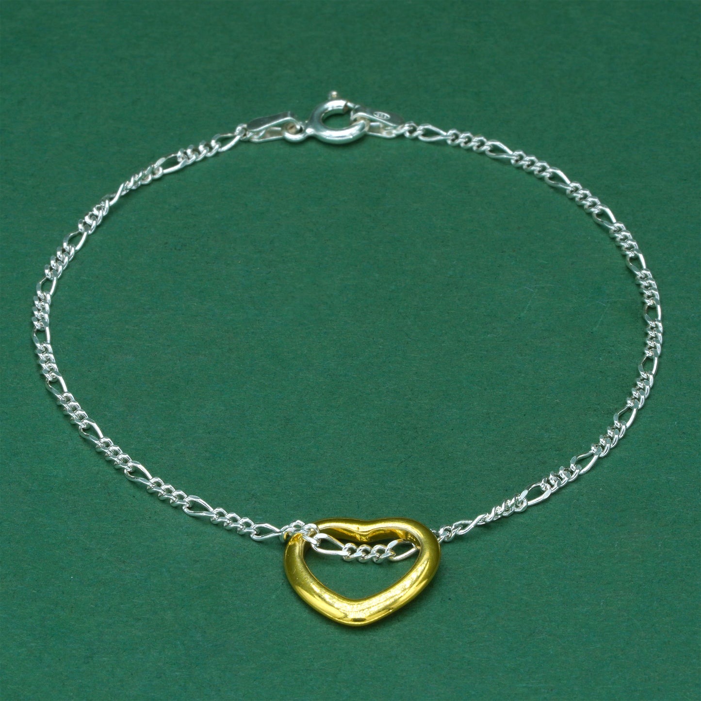 925 Sterling Silver Fiagro Chain With 18k Flash Plated Gold Heart Pendant | Valentine’s Day Bracelet | 18k Gold Heart Bracelet Gift for Her