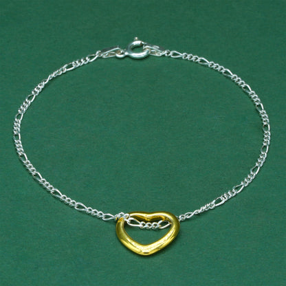 925 Sterling Silver Fiagro Chain With 18k Flash Plated Gold Heart Pendant | Valentine’s Day Bracelet | 18k Gold Heart Bracelet Gift for Her