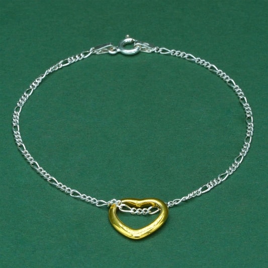 925 Sterling Silver Fiagro Chain With 18k Flash Plated Gold Heart Pendant | Valentine’s Day Bracelet | 18k Gold Heart Bracelet Gift for Her