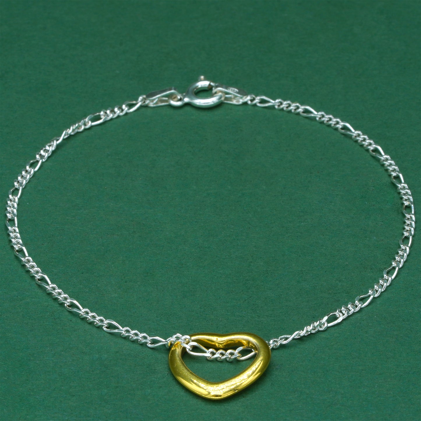 925 Sterling Silver Fiagro Chain With 18k Flash Plated Gold Heart Pendant | Valentine’s Day Bracelet | 18k Gold Heart Bracelet Gift for Her