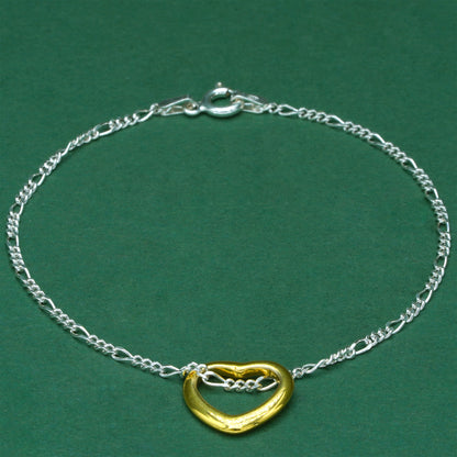925 Sterling Silver Fiagro Chain With 18k Flash Plated Gold Heart Pendant | Valentine’s Day Bracelet | 18k Gold Heart Bracelet Gift for Her