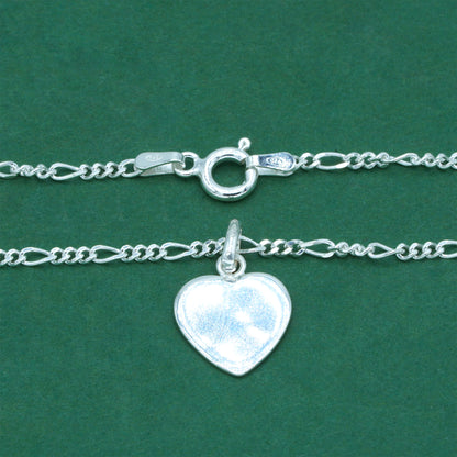 925 Sterling Silver Flat Heart Pendant Necklace with Figaro Chain – Valentine’s Day Minimalist Love Necklace, Romantic Gift for Her