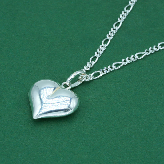 925 Sterling Silver Diamond Cut Figaro Chain With Puffed Heart Pendant Necklace – Valentine’s Day Romantic Gift for Her, Minimalist Silver
