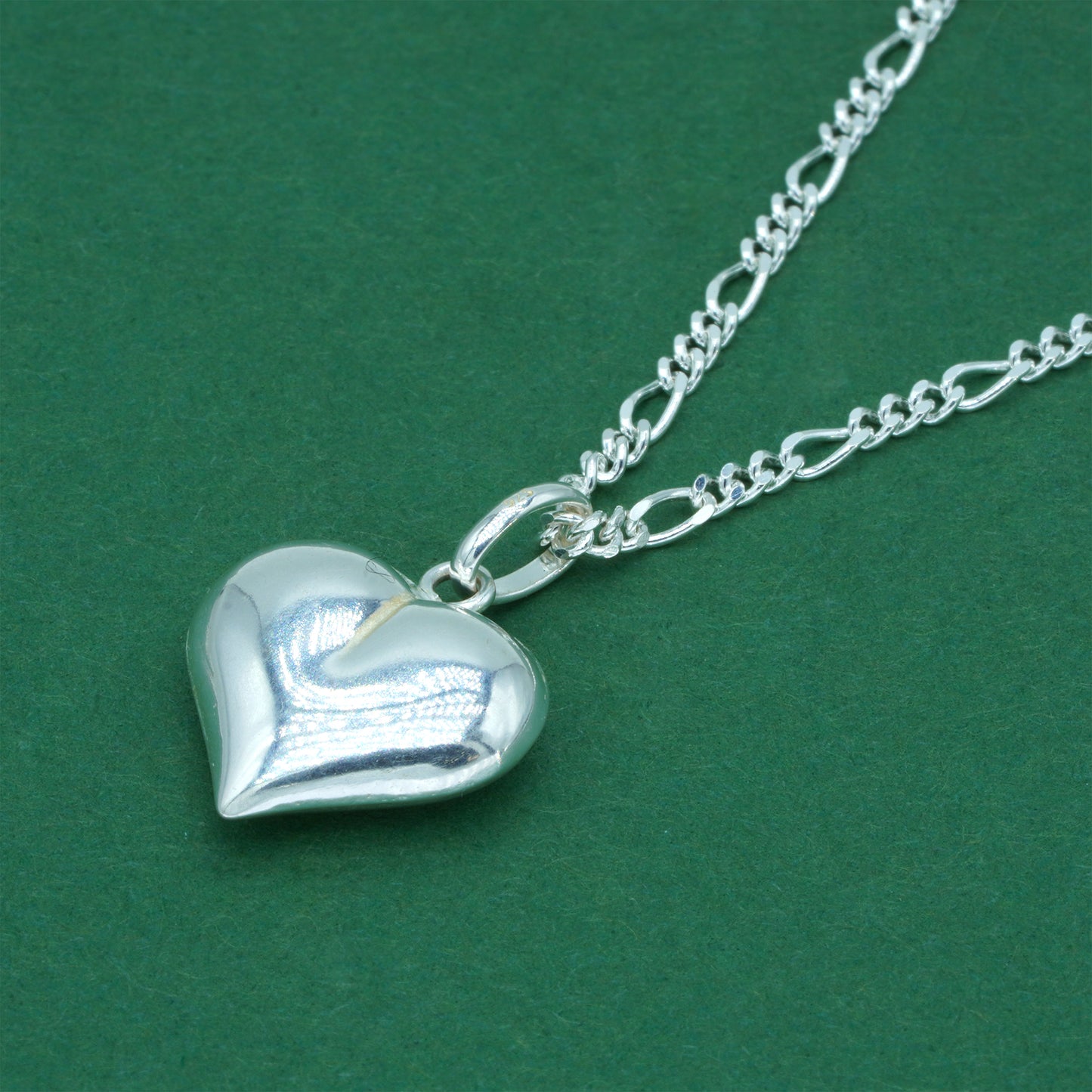 925 Sterling Silver Diamond Cut Figaro Chain With Puffed Heart Pendant Necklace – Valentine’s Day Romantic Gift for Her, Minimalist Silver