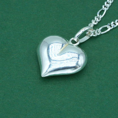 925 Sterling Silver Diamond Cut Figaro Chain With Puffed Heart Pendant Necklace – Valentine’s Day Romantic Gift for Her, Minimalist Silver