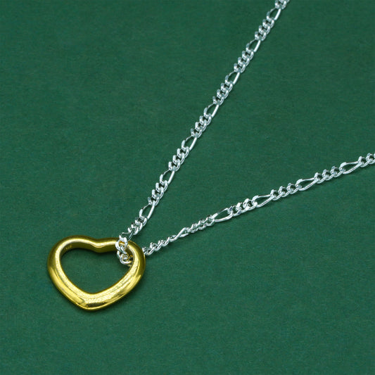 925 Sterling Silver Figaro Chain With 18k Flash Gold Plated Open Heart Pendant Necklace – Valentine’s Day Romantic Gift for Her
