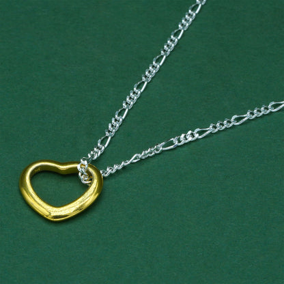 925 Sterling Silver Figaro Chain With 18k Flash Gold Plated Open Heart Pendant Necklace – Valentine’s Day Romantic Gift for Her