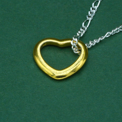 925 Sterling Silver Figaro Chain With 18k Flash Gold Plated Open Heart Pendant Necklace – Valentine’s Day Romantic Gift for Her