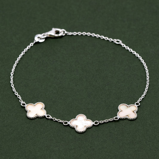 Sterling Silver Triple Four Leaf Clover Motif Bracelet
