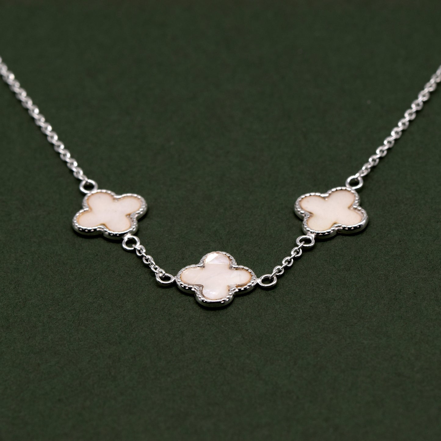 Sterling Silver Triple Four Leaf Clover Motif Necklace On 17” - 18” Rolo Chain