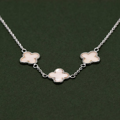 Sterling Silver Triple Four Leaf Clover Motif Necklace On 17” - 18” Rolo Chain