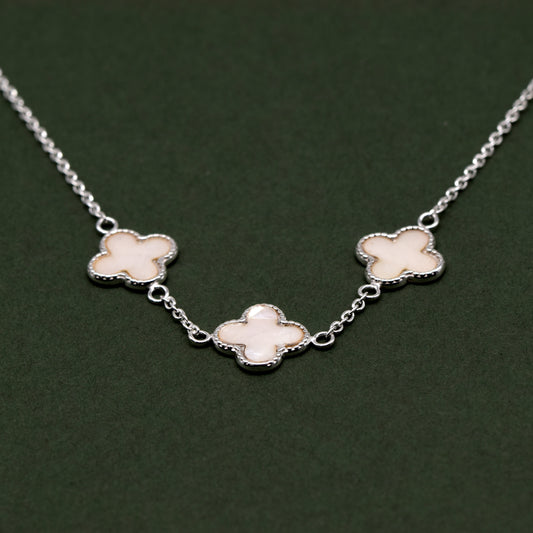 Sterling Silver Triple Four Leaf Clover Motif Necklace On 17” - 18” Rolo Chain