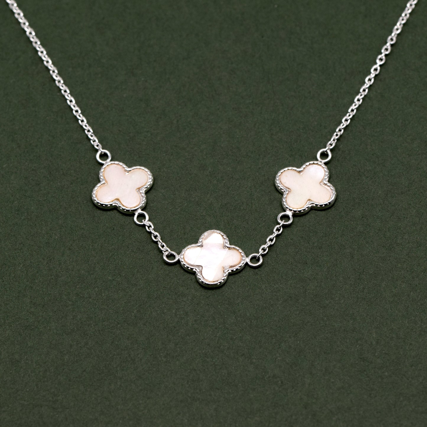 Sterling Silver Triple Four Leaf Clover Motif Necklace On 17” - 18” Rolo Chain
