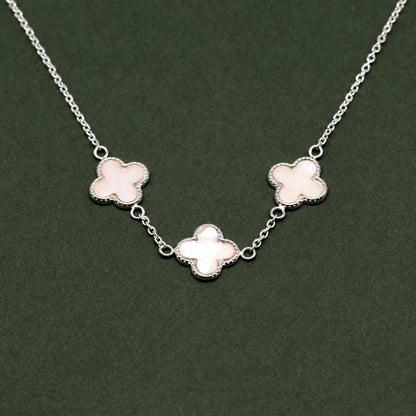 Sterling Silver Triple Four Leaf Clover Motif Necklace On 17” - 18” Rolo Chain