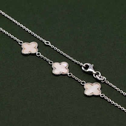 Sterling Silver Triple Four Leaf Clover Motif Necklace On 17” - 18” Rolo Chain