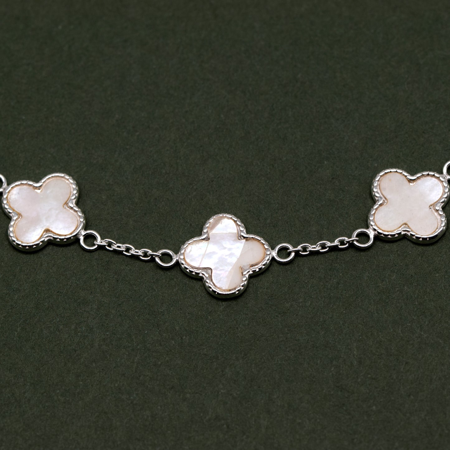 Sterling Silver Triple Four Leaf Clover Motif Necklace On 17” - 18” Rolo Chain