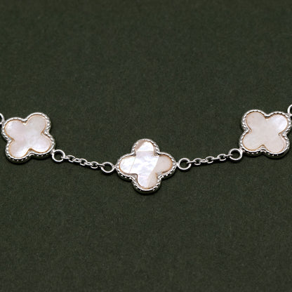 Sterling Silver Triple Four Leaf Clover Motif Necklace On 17” - 18” Rolo Chain