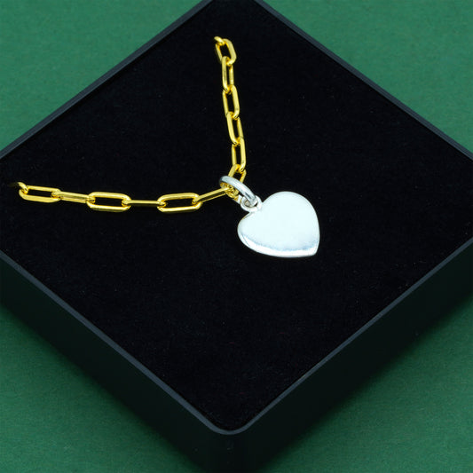 925 Sterling Silver Flat Heart Pendant Necklace With 18k Flash Gold Plated Paperclip Link Chain, Valentine’s Day Gift for Her, Supplied in Gift Box